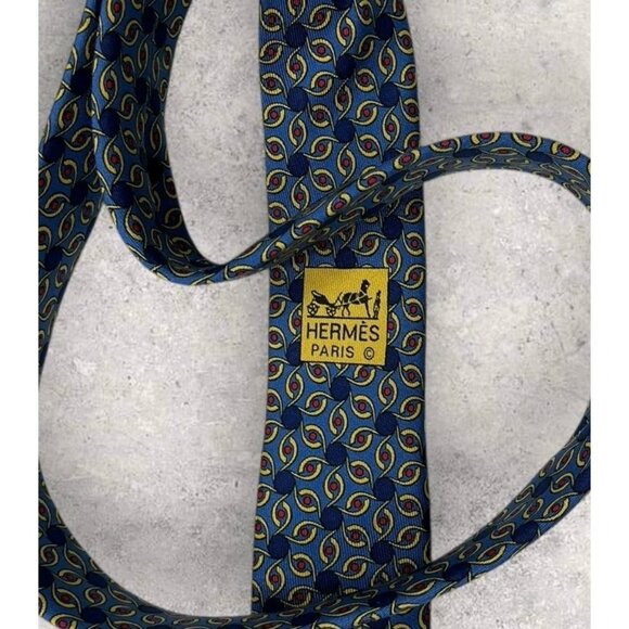 HERMÈS 7927 MA Silk Tie FRANCE Blue Navy Yellow Geometric Polka Dot W:3.4" EUC - Picture 4 of 6